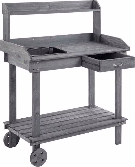 Tavolo da giardinaggio grigio 92x45x119 cm, 2 ripiani e cassetto, in legno