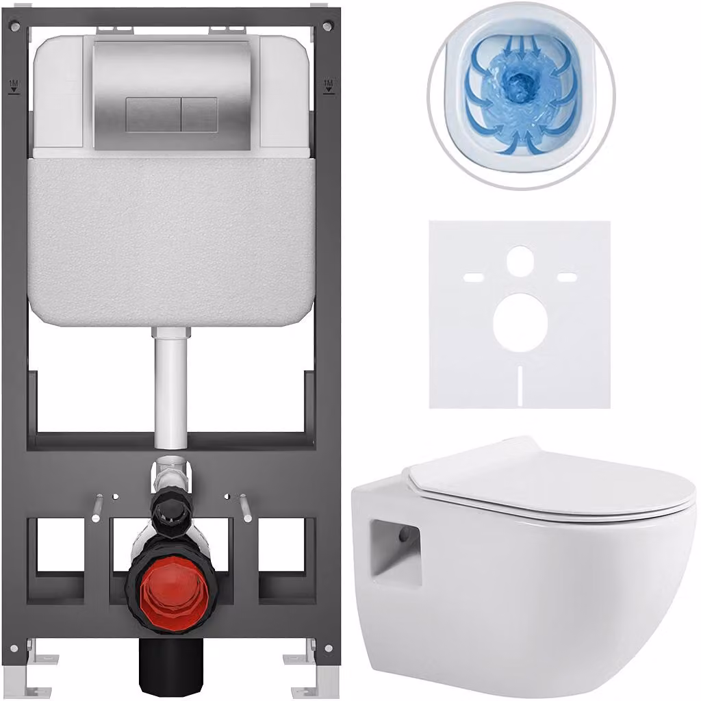 Set completo per WC a pavimento Dure - bianco lucido - pulsante Prime/Modulo, argento - modello autoportante - installazione a parete/con pannelli di cartongesso - 51x35 cm