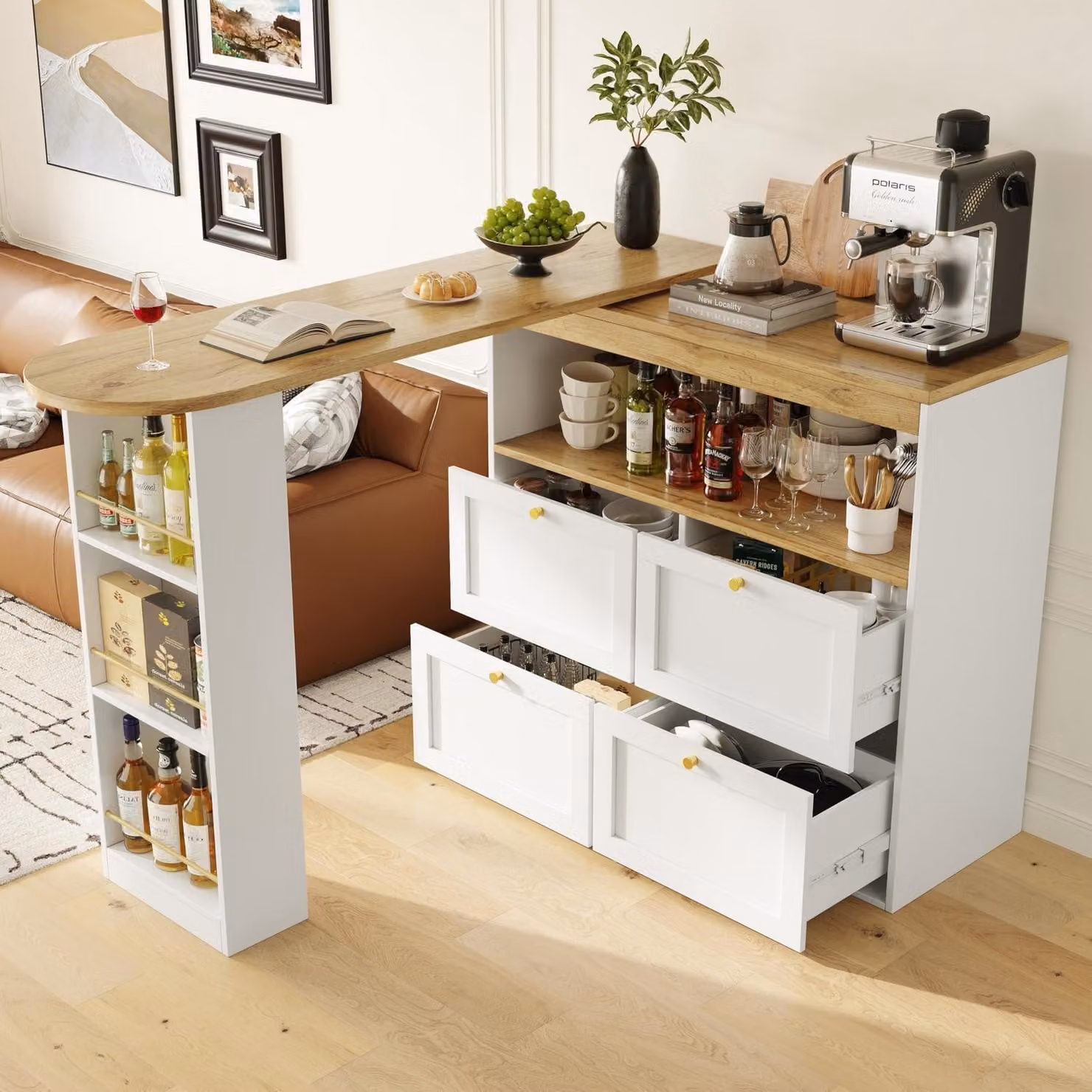 Tavolino girevole a 360° con 4 cassetti e ripiani aperti, dimensioni 105 x 39 x 102 cm, colore bianco