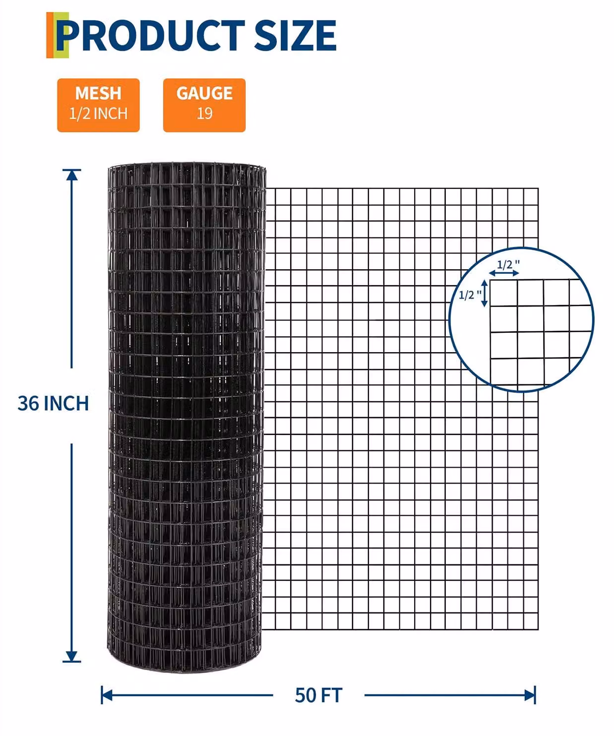 Rete saldata zincata - recinzione per giardino - maglia da 1,27 cm - 19 Gauge - dimensioni 0,9 x 15 metri - colore nero