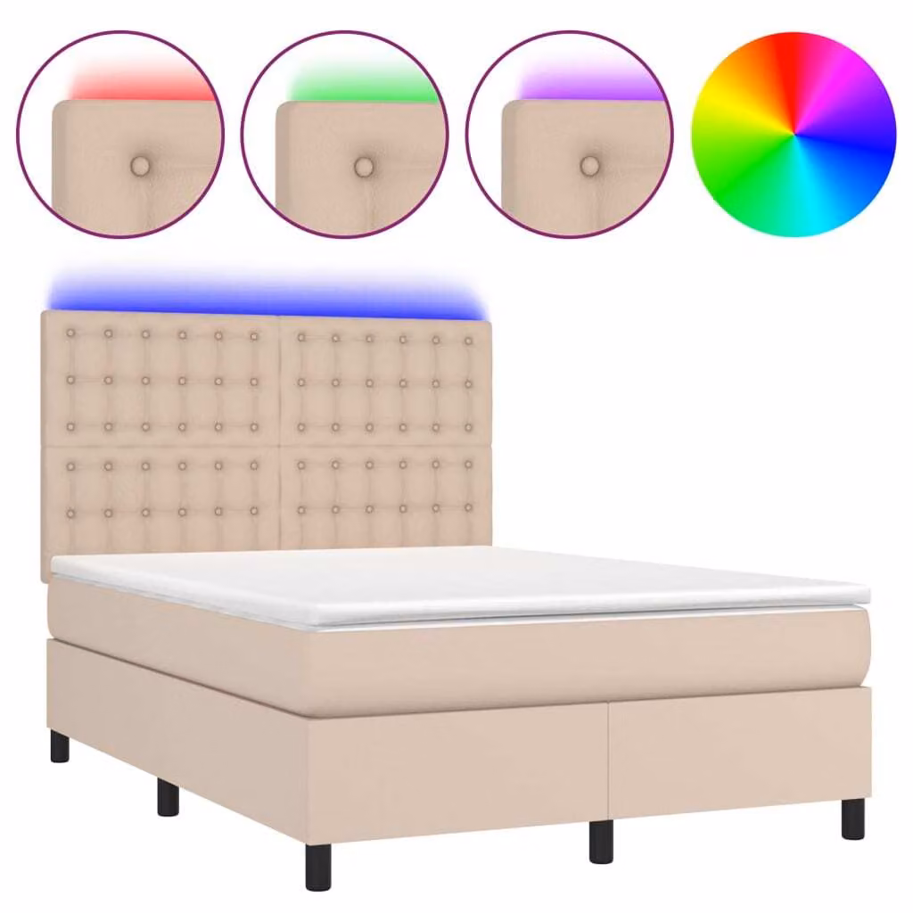 Giroletto Molle Materasso e LED Cappuccino 140x190cm Pelle finta