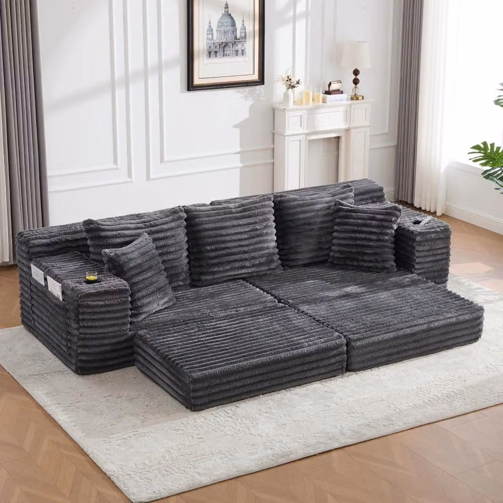 Divano letto modulare - Divano letto trasformabile - Rivestimento in tessuto - Schienale alto - 4 posti - Tasche laterali per riporre oggetti - Portabicchieri - Grigio scuro