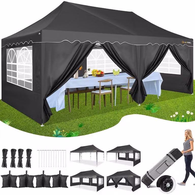 Gazebo impermeabile 3x6 metri, con protezione UV50+, dotato di 6 pareti laterali, borsa per il trasporto, sacchi di sabbia e colore nero