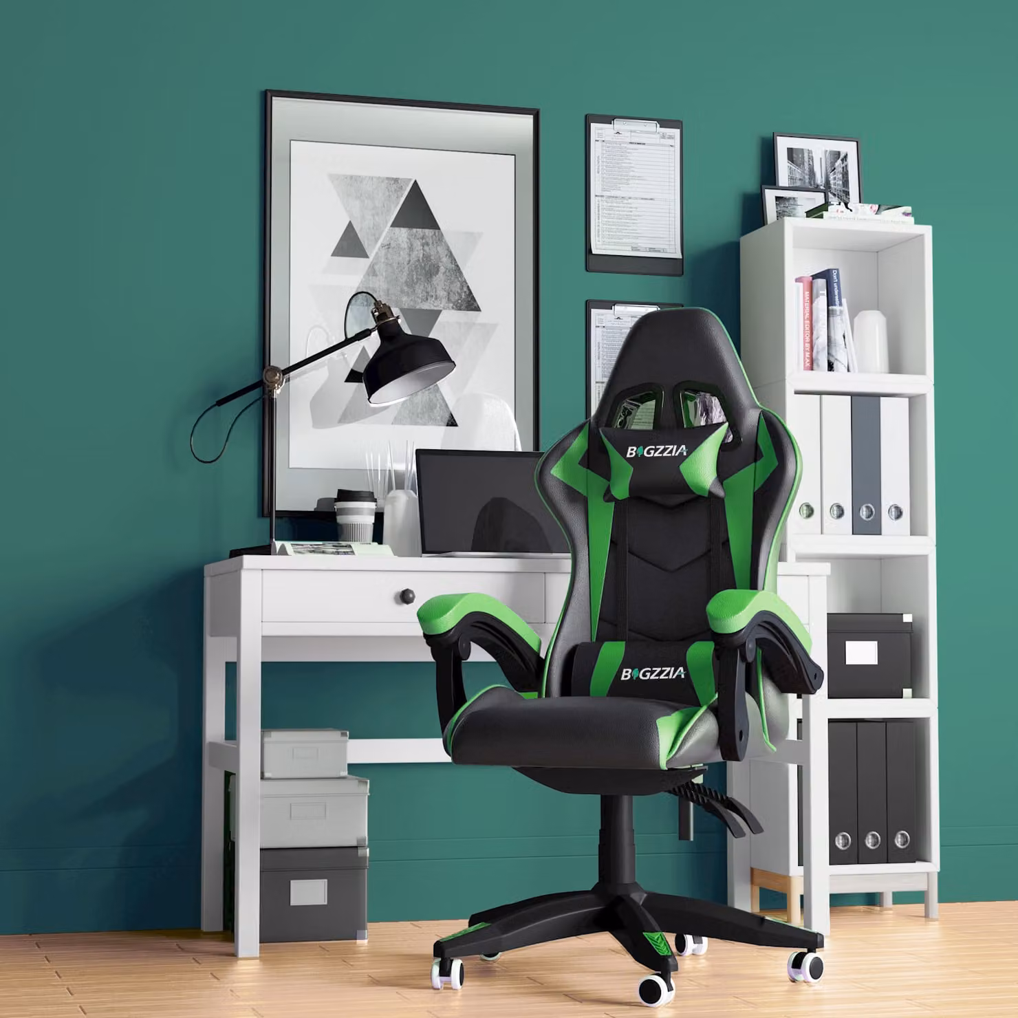 Sedia da ufficio Bigzzia, sedia da gioco, poltrona da gioco, sedia da scrivania, design ergonomico con cuscino, fino a 110 kg, verde