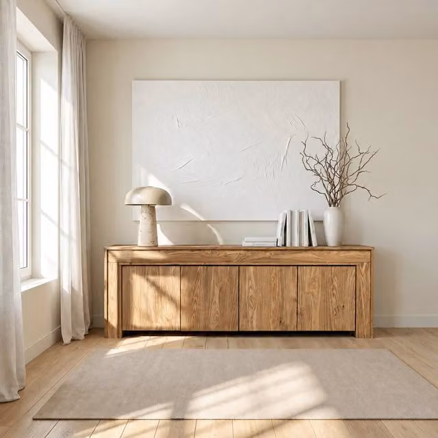 Banak Tavolino basso in legno massiccio di araucaria nei toni del beige, oro e marrone
