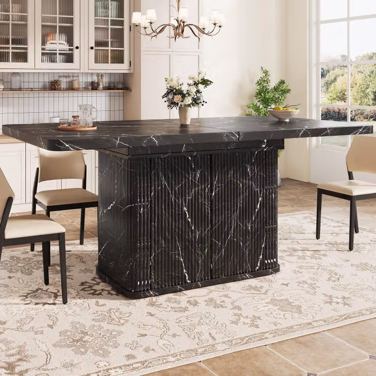 Tavolo allungabile con spazio contenitivo nascosto e piano ribaltabile, tavolo da cucina con decorazioni a rilievo verticali, tavolo da pranzo 140-180 cm, nero