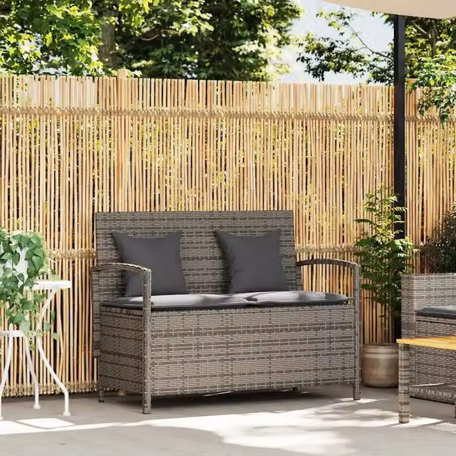 Panchina da giardino con portaoggetti e cuscini in polyrattan grigio e metallo