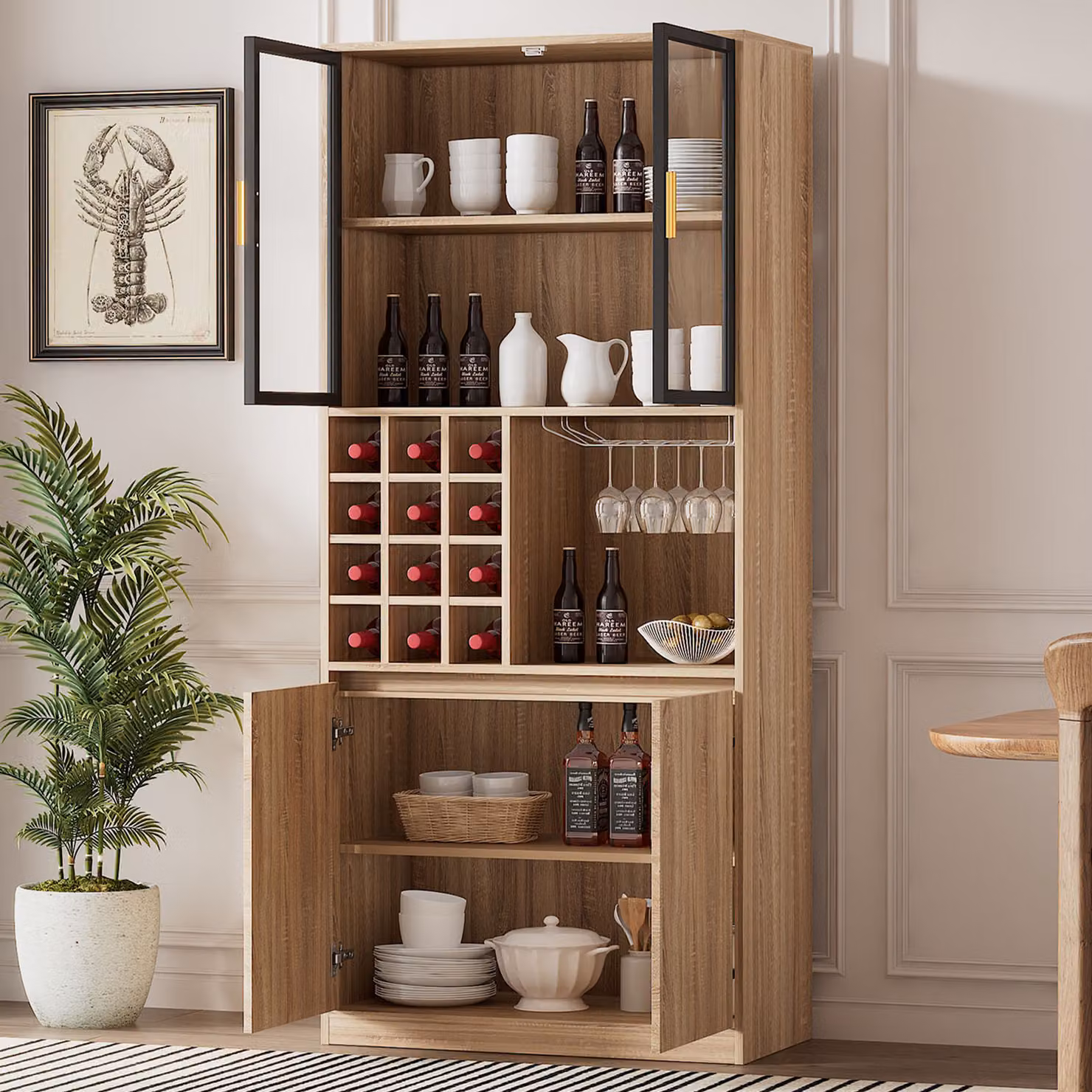 Mobile da cucina a colonna Flieks con illuminazione a LED, 80x40x180 cm, mobile da cucina a buffet con ante in vetro, mobile da bagno, finitura naturale