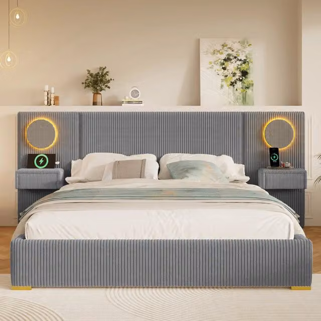 Letto imbottito con testiera LED e cassetti comodino ¨C Minimal ¨C grigio velluto 180x200 cm
