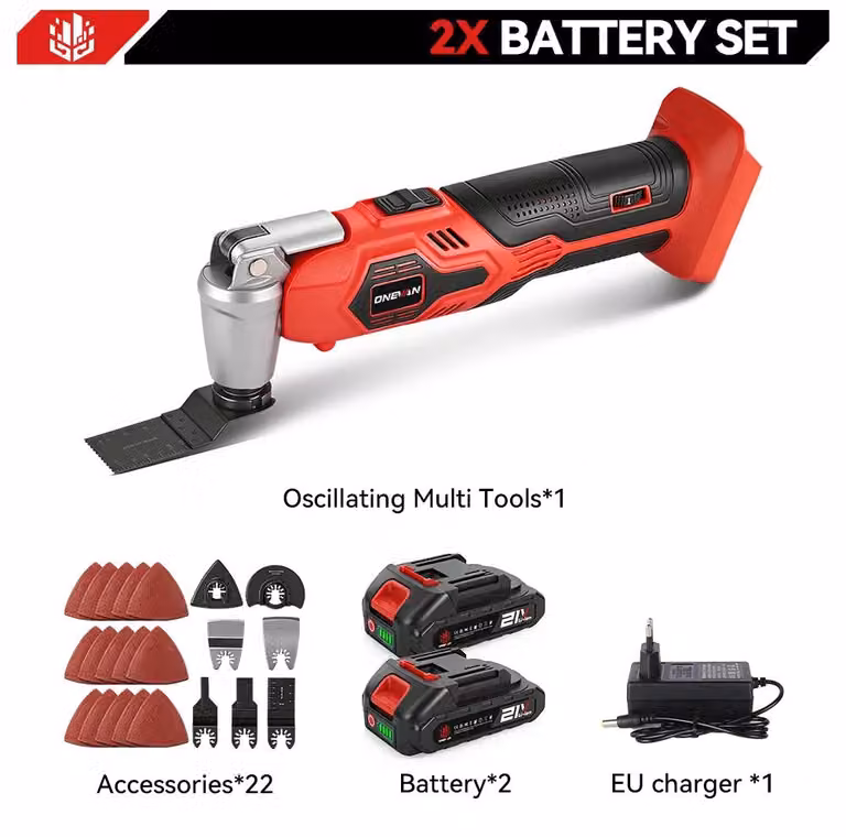Utensile multifunzione oscillante - Elettroutensile portatile - 6 livelli di velocità - Senza fili - 2 batterie - Ideale per tagliare, rifinire e lucidare