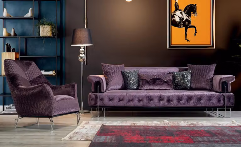 Lila Couch Sofa Garnitur 3+1 Sitz Chesterfield Wohnzimmer Polster Möbel