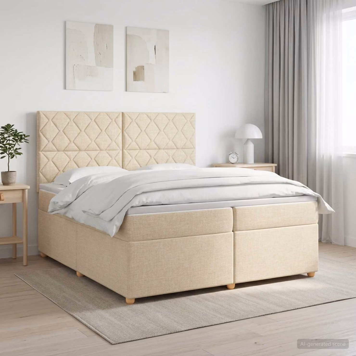 Letto box spring con materasso ibrido vidaXL in tessuto beige e bianco, L/P/H: 200 x 200 x 76,5 cm