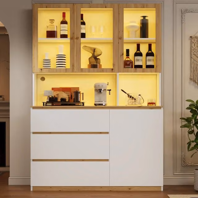 Vetrina con LED e ripiano centrale aperto 3 cassetti e anta in MDF bianco e rovere per soggiorno 120 × 200 cm