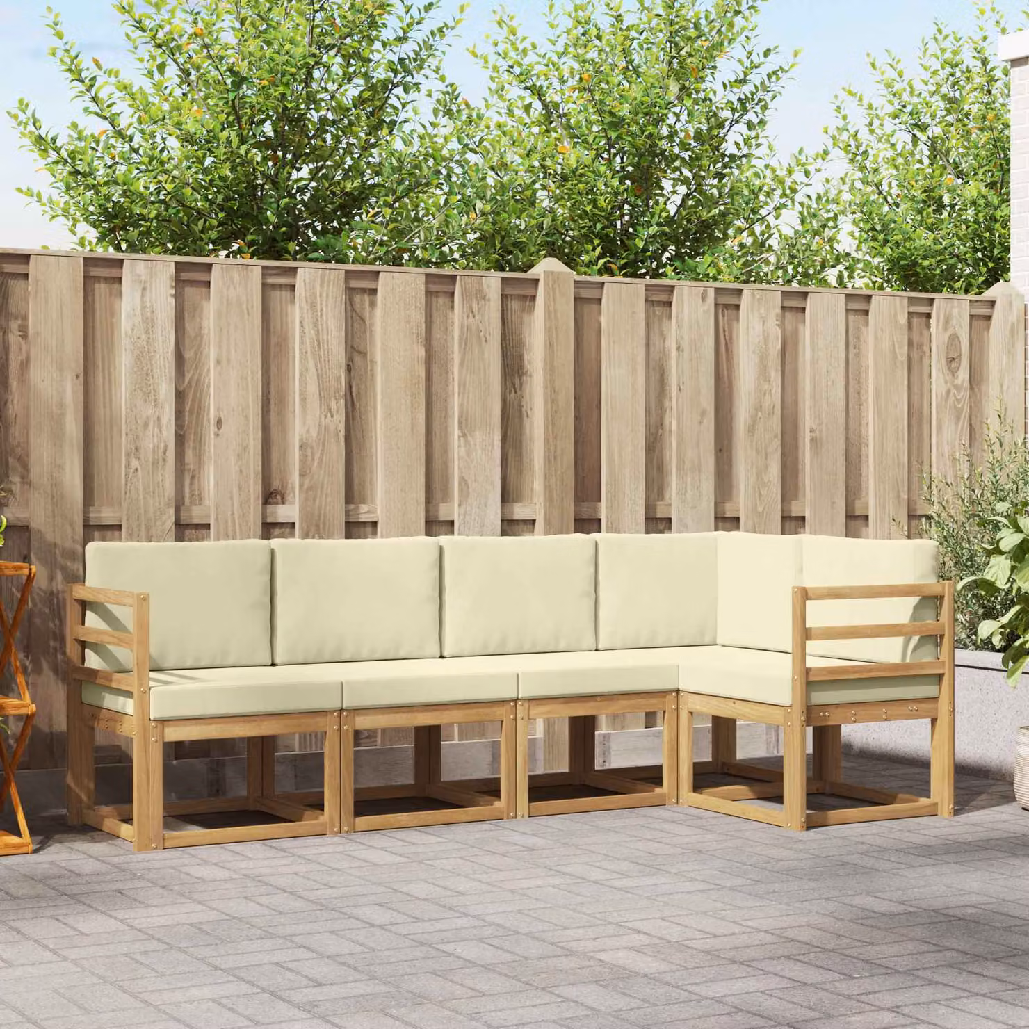 Set di divani da esterno vidaXL a forma di L in legno di acacia con cuscini, Bianco, Beige e Marrone