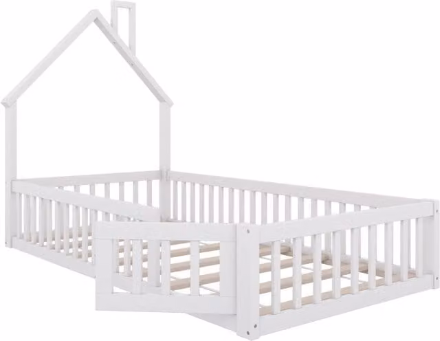 Letto per bambini a forma di camino, 90x200 cm, in legno di pino bianco con rete a doghe