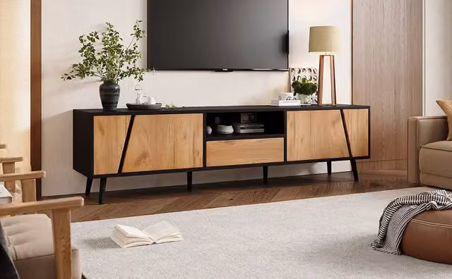 Mobile TV Minimal in legno e composito nero con cassetto bianco per soggiorno L: 180 cm, P: 40 cm, H: 46 cm