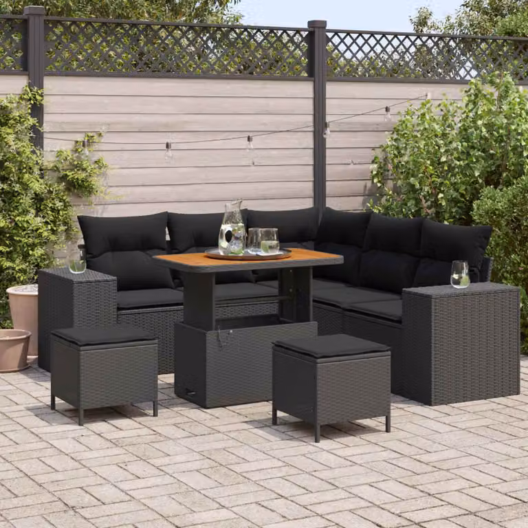 Set Divano da Giardino vidaXL a Forma di L con 8 Posti, Nero, con Cuscini e Contenitore per Archiviazione
