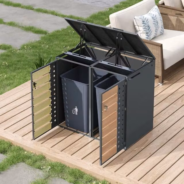 Armadio porta bidoni rifiuti con coperchio idraulico; 2 scomparti; acciaio zincato grigio/legno