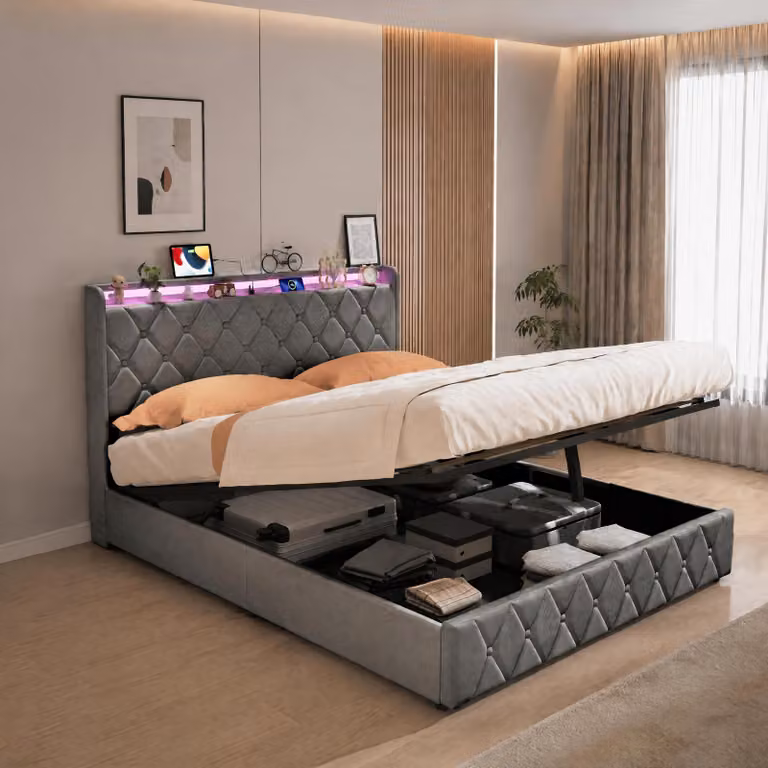 Letto imbottito INONEFT, 140x200 cm, con contenitore, letto per ragazzi con LED e prese di corrente, letto singolo con rete a doghe e spazio contenitivo nella testiera, rivestito in velluto, colore grigio scuro