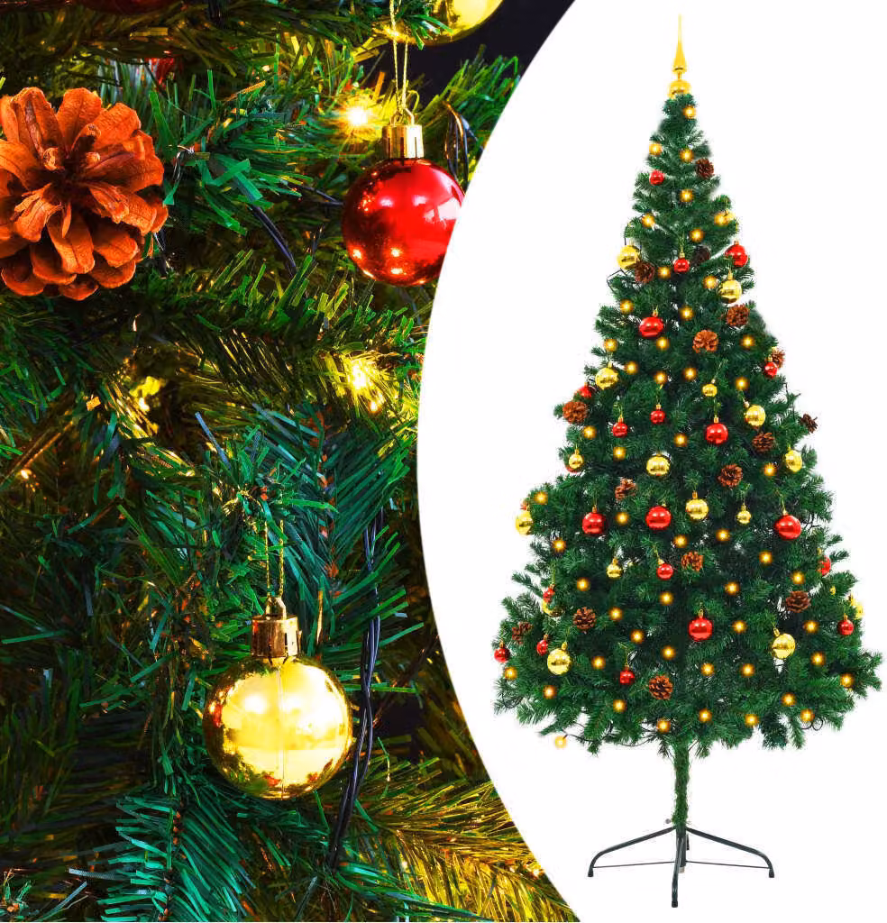 The Living Store Albero di Natale artificiale con decorazioni e LED Verde 210 cm