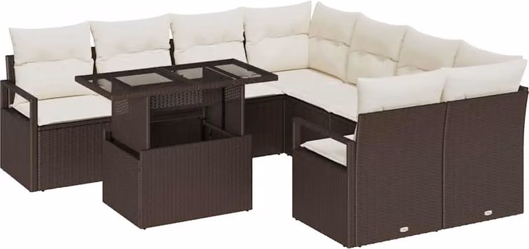 Set Divano da Giardino con cuscino 9 pcs Marrone Poly Rattan
