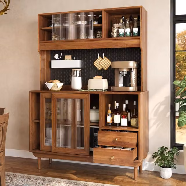Credenza da cucina con 4 ante scorrevoli in vetro rigato, 2 cassetti e vani aperti, noce, 117×30×170 cm
