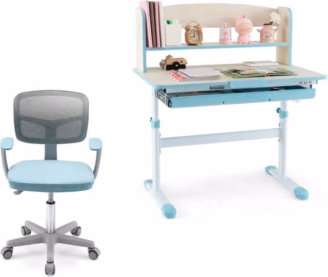 Scrivania da studio per bambini regolabile in altezza e sedia per scrivania per bambini, Tavolo da scrittura per bambini e sedile girevole a rete Blu