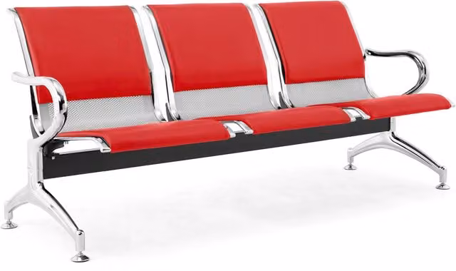 Panca per Sala Attesa 3 Posti da Ufficio con Cuscino in Acciaio e Similpelle Argento/Rosso