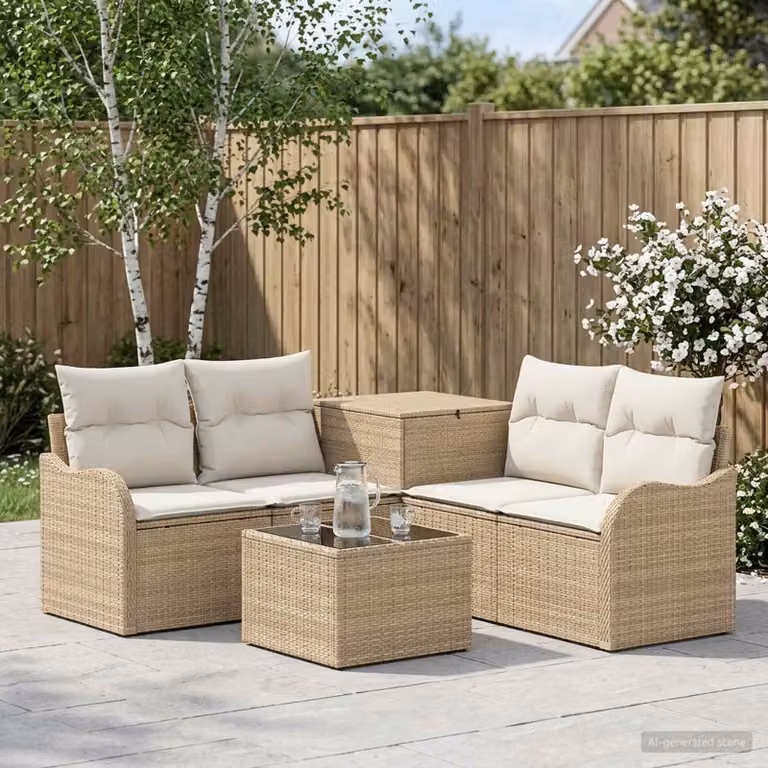 Set di divani da giardino vidaXL a forma di U composto da 6 pezzi con tavolino da caffè, colore beige e bianco crema, struttura in metallo e cuscini inclusi
