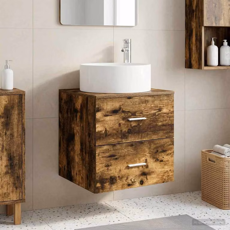 Lavabo da parete moderno vidaXL in Rovere Fumo con cassetti, L: 49,5 cm, P: 44,5 cm, H: 65,5 cm