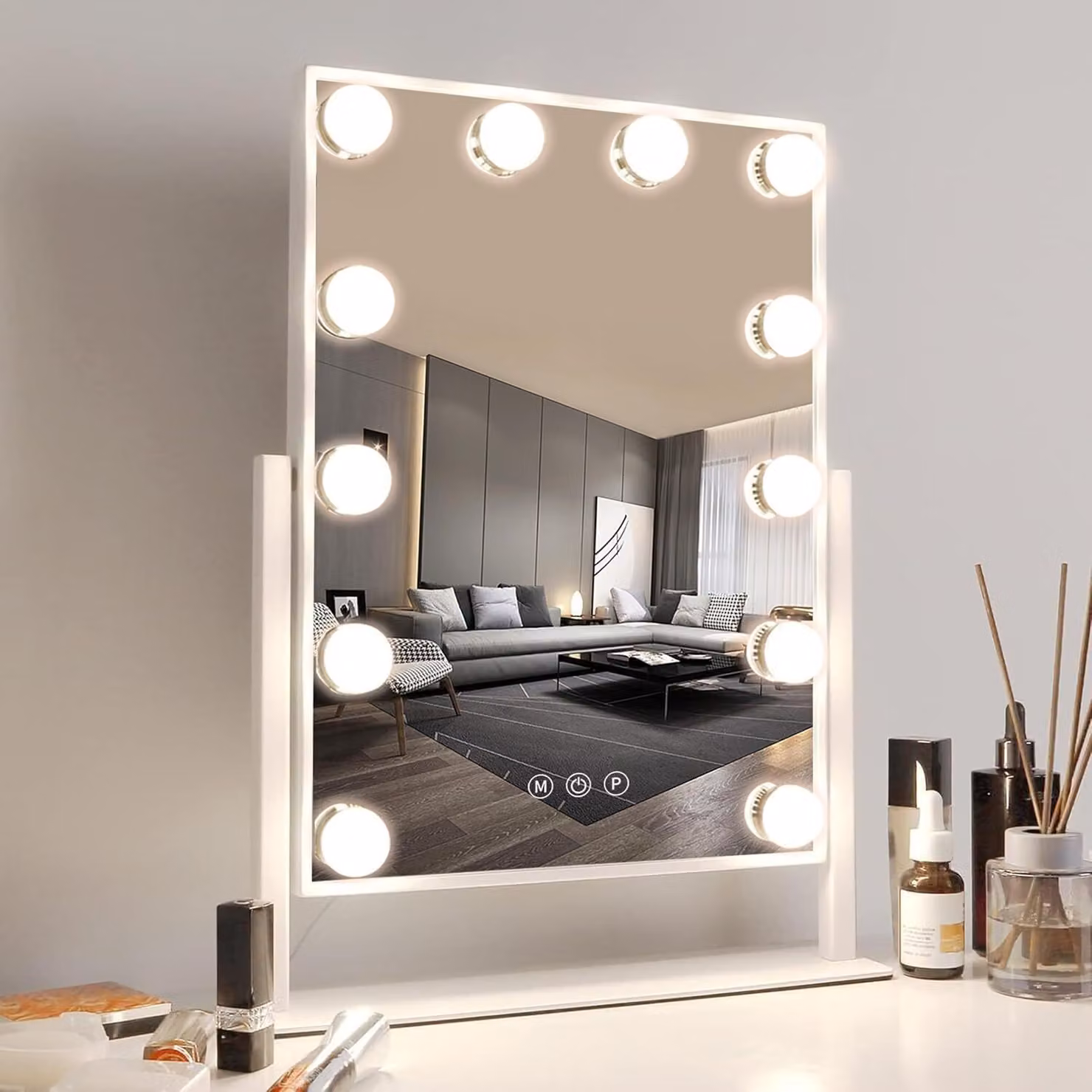 ZELURXX Specchio, con 12 LED, 3 modalità di colore, touchscreen, ruotabile a 360°, specchio per il trucco con illuminazione, per il make-up, camera da letto, 35,5 x 47 cm, bianco