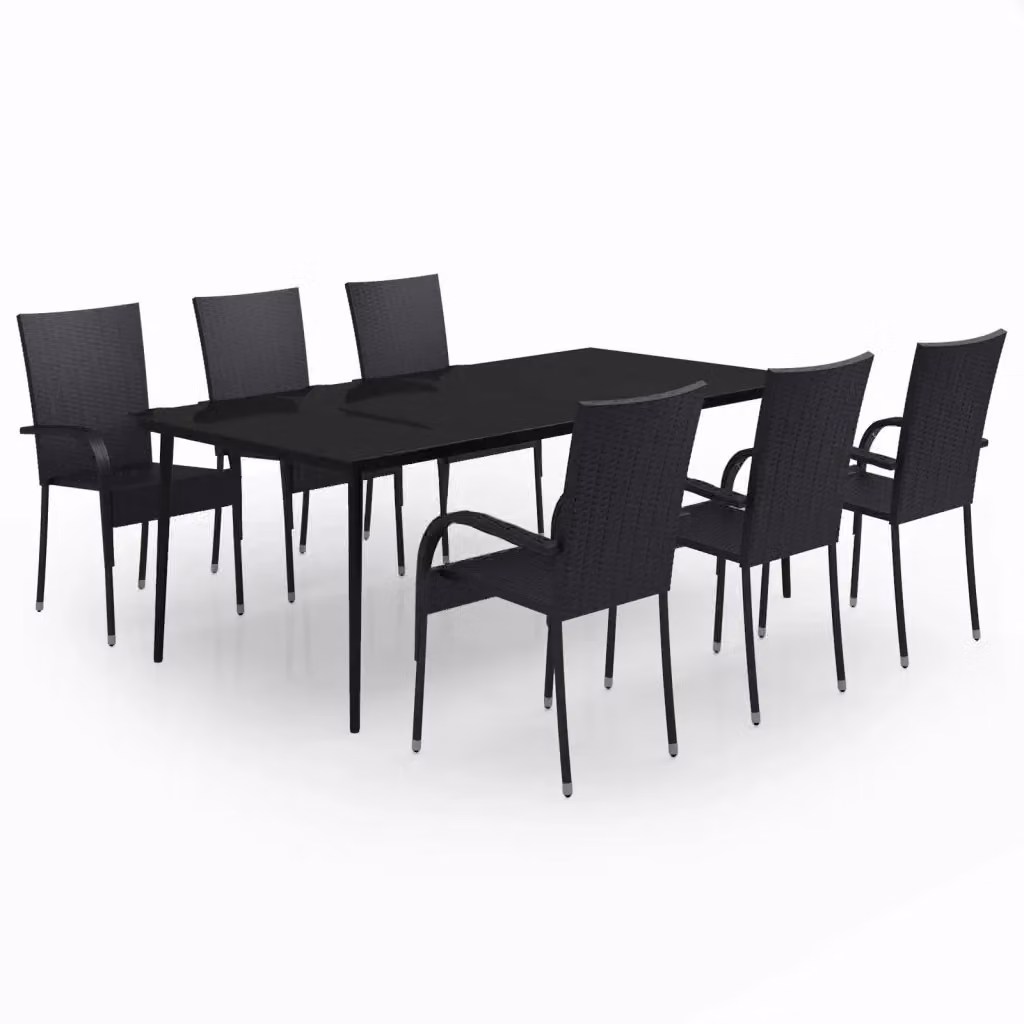 Set da Pranzo per Giardino vidaXL in Polyrattan con Tavolo in Vetro e 7 Sedute con Cuscini Neri – 2