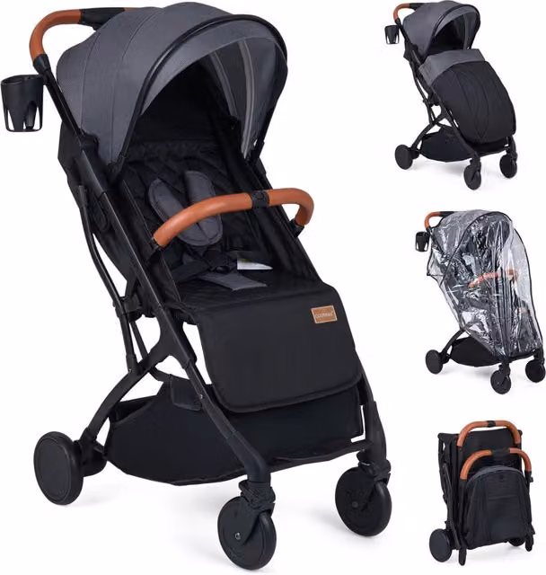Passeggino pieghevole per bambini 0-3 anni con portabicchieri e copertura antipioggia, Grigio