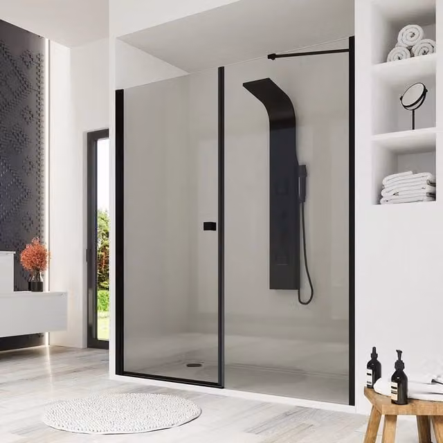 Porta doccia 161-165cm profili nero opaco apertura a battente e parete fissa vetro 8mm trasparente h195 | Fiji