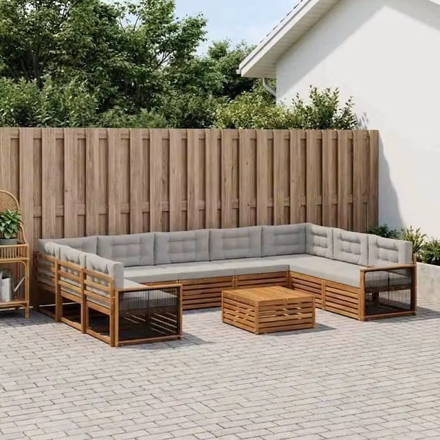 Set di divani da esterno a forma di U vidaXL in legno di acacia con cuscini beige e grigio – 1