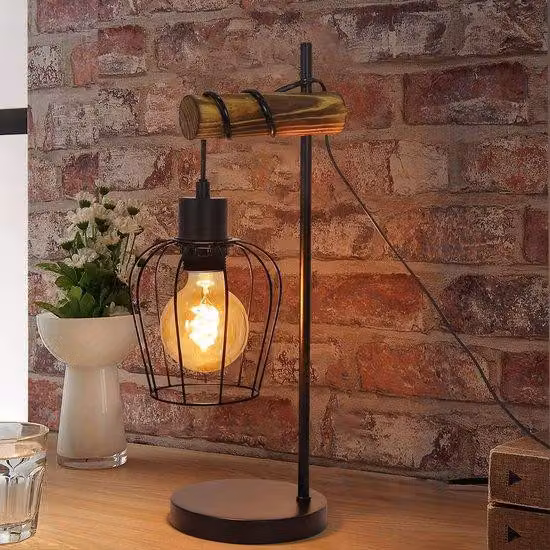 Lampada vintage in stile industriale - Metallo e legno - Nera - Attacco E27 - Illuminazione - Lampada da tavolo