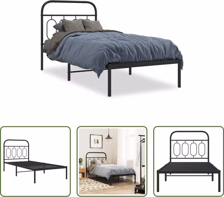 The Living Store Struttura letto con testiera in metallo nero 90x190 cm