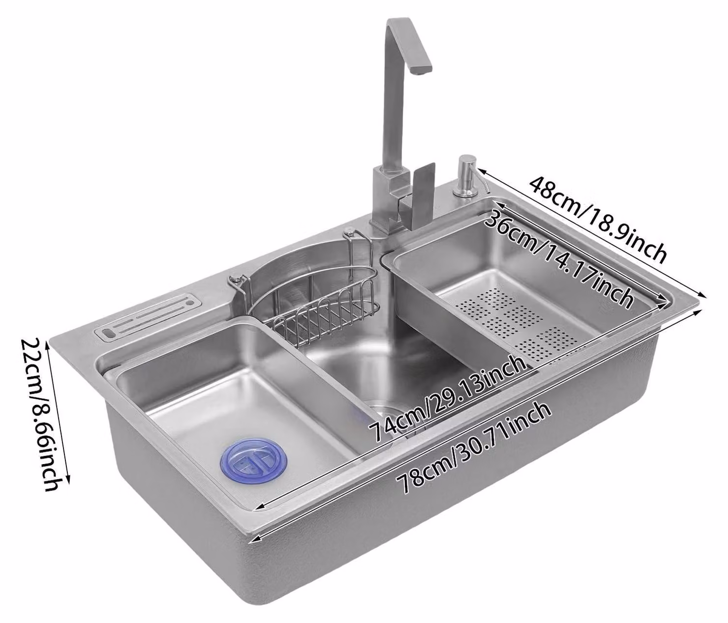 Lavello da cucina in acciaio inossidabile SUS304 - Vasca singola con rubinetto 78x48 cm - Da incasso a filo piano o sotto piano - Con dispenser per sapone, cestello filtrante e cestello per la pulizia - Argento