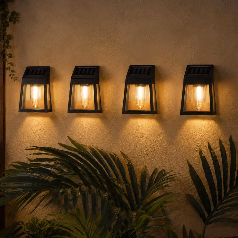Lampade da parete solari a LED - Plastica - LED bianco caldo - A: 13 cm - Sensore di luce - Nero - Set da 4