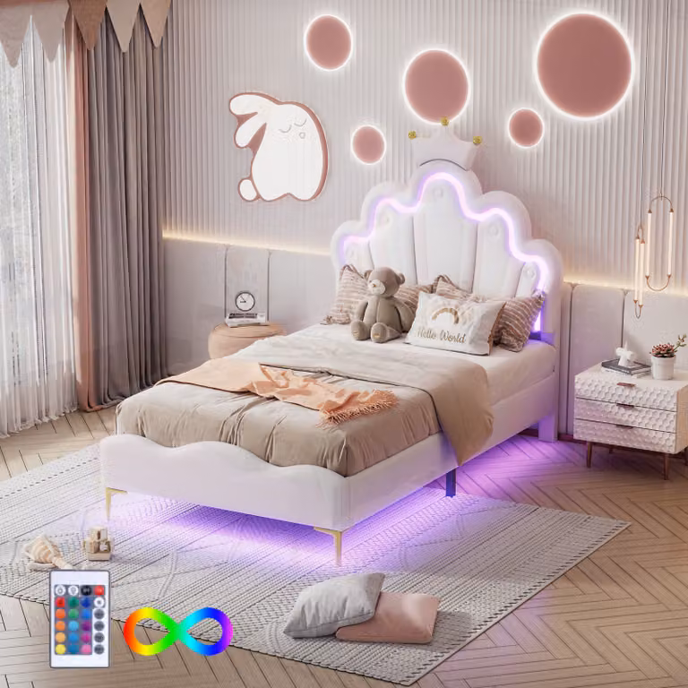 Letto imbottito Okwish 90 x 200 cm con testiera a , ecopelle, illuminazione a LED, bianco