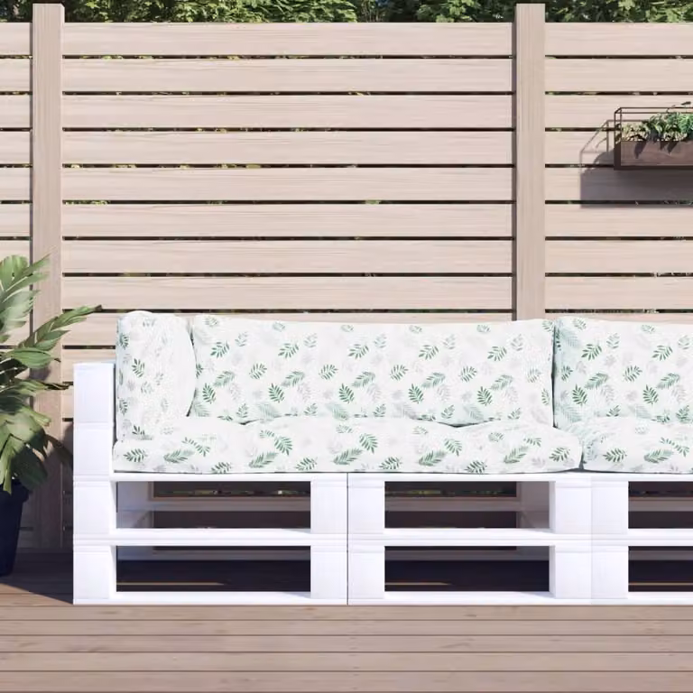 Set di 3 cuscini per pallet vidaXL con motivo a foglie, tessuto Oxford impermeabile e traspirante, colori verde e bianco