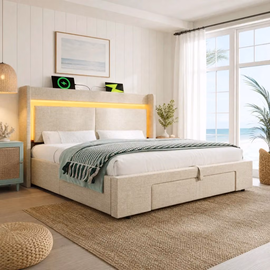 Letto Contenitore REDOM Beige con Illuminazione LED, Porta USB-C e Ripiano Integrato, L/P/H: 140 x 200 x 62,4 cm – 2