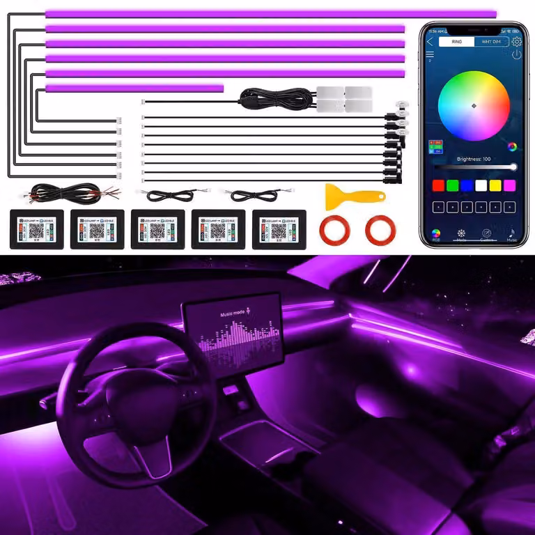 Illuminazione ambientale a LED per interni auto, set 18-in-1, 175 pollici, 593 LED, sincronizzazione RGB con la musica, controllo tramite app