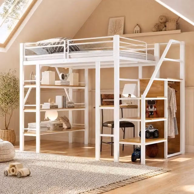 Letto a soppalco 140x200 cm in metallo con scrivania; scaffale a 3 livelli e armadio integrato