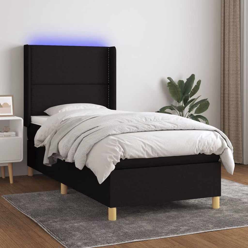 The Living Store Letto a molle con materasso e LED nero 90x200 cm in tessuto