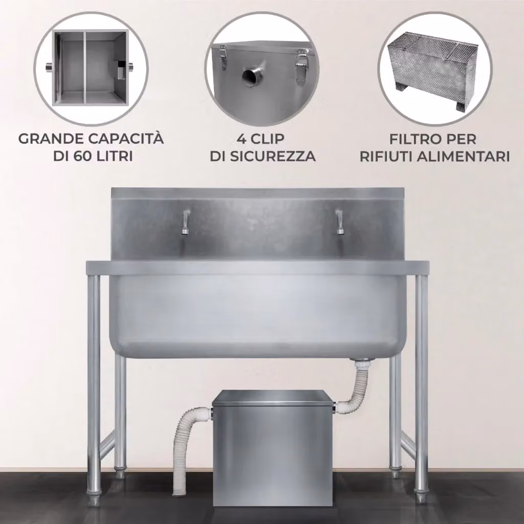 Separatore di grasso commerciale KuKoo in acciaio inox color argento da 60 L con filtro intercettatore per uso professionale da banco L/P/H: 39.0 x 39.0 x 39.0 cm – 2