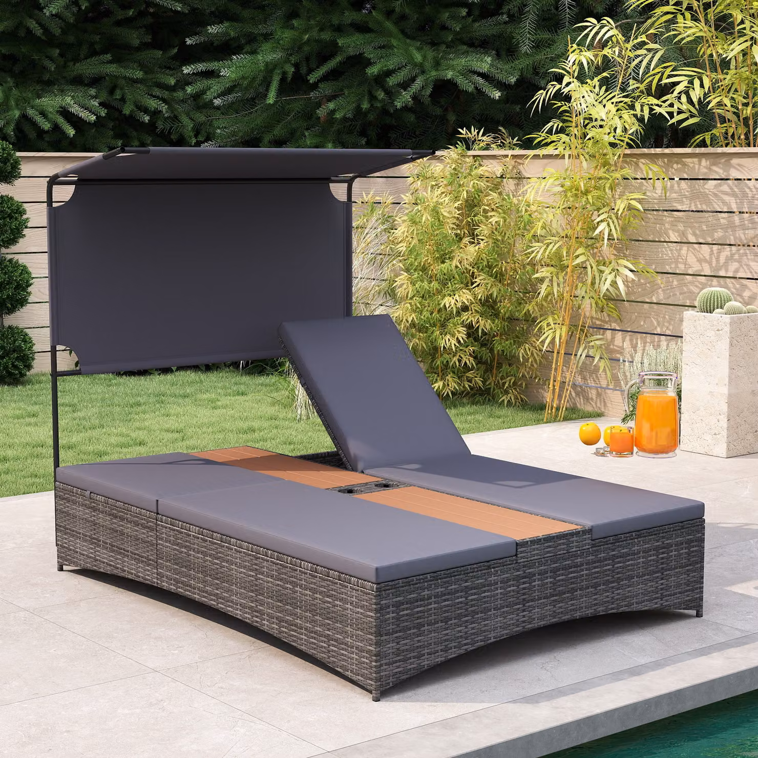 Lettino prendisole Costway per 2 persone in polyrattan con tettuccio, schienali regolabili e tavolino integrato, Grigio