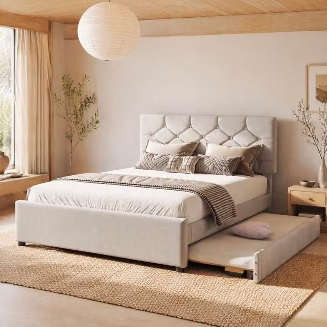 Letto imbottito in tessuto beige con cassettiera L/P/H: 209 x 140 x 107 cm