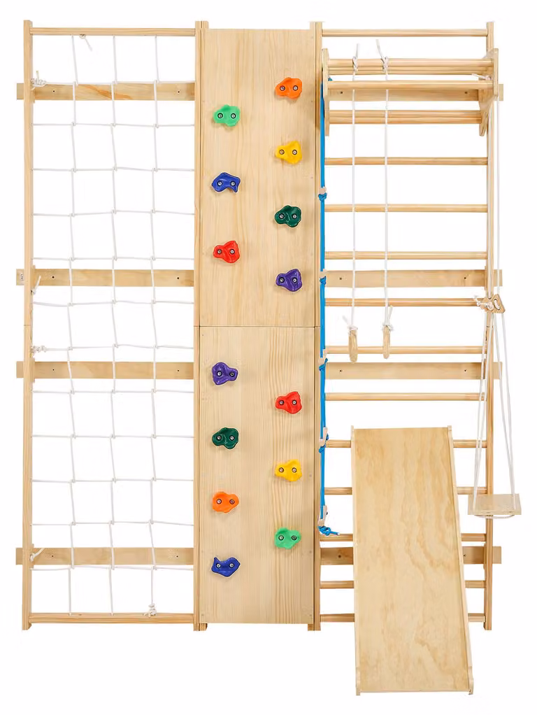 SucceBuy Parete scalabile svedese 9 in 1, gioco da arrampicata in legno a 12 gradini, resistente fino a 100 kg, struttura da arrampicata per interni con parete scalabile, anelli da ginnastica, barra per trazioni, scivolo e altalena