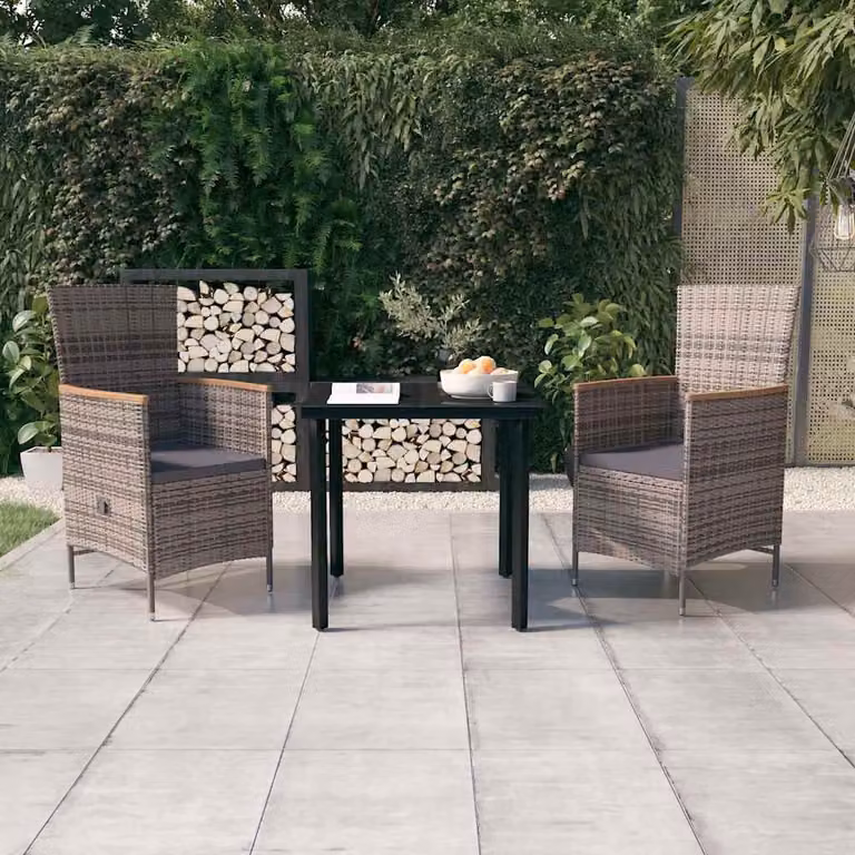 Set da pranzo da giardino vidaXL in polyrattan e legno di acacia con cuscini, colore grigio e nero